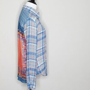 Tolani Boho Print Back Plaid Button Down Top XS